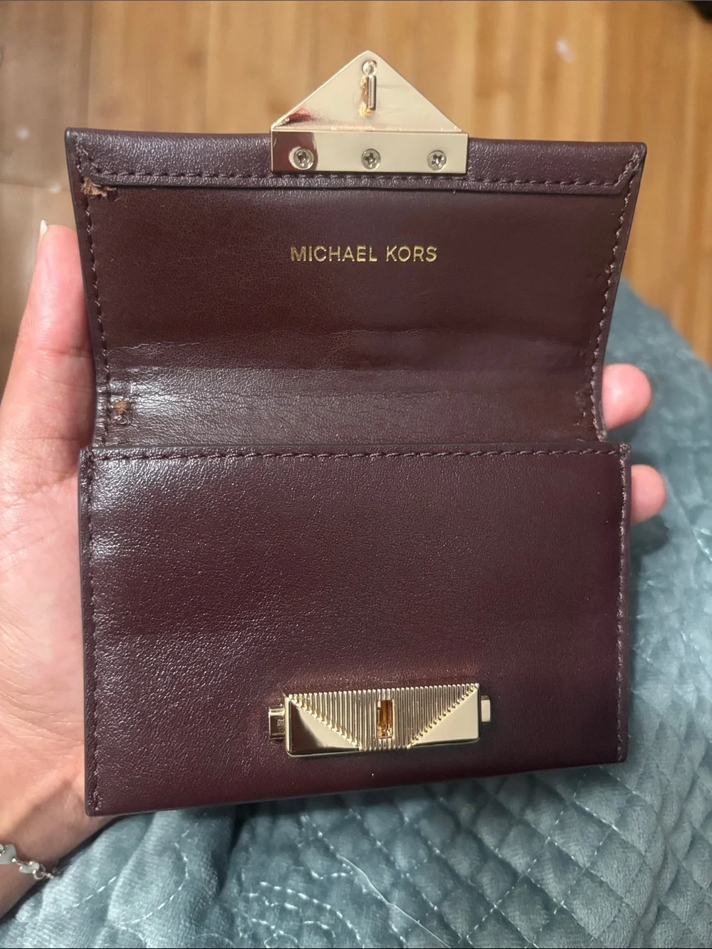 Michael Kors Plum Leather Studded Card Wallet with Gold Hardware